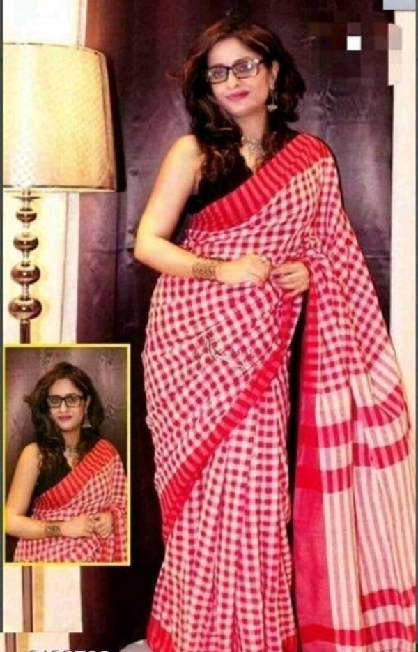 Handloom Checked Cotton Saree With Separate Same louse Peace - Red